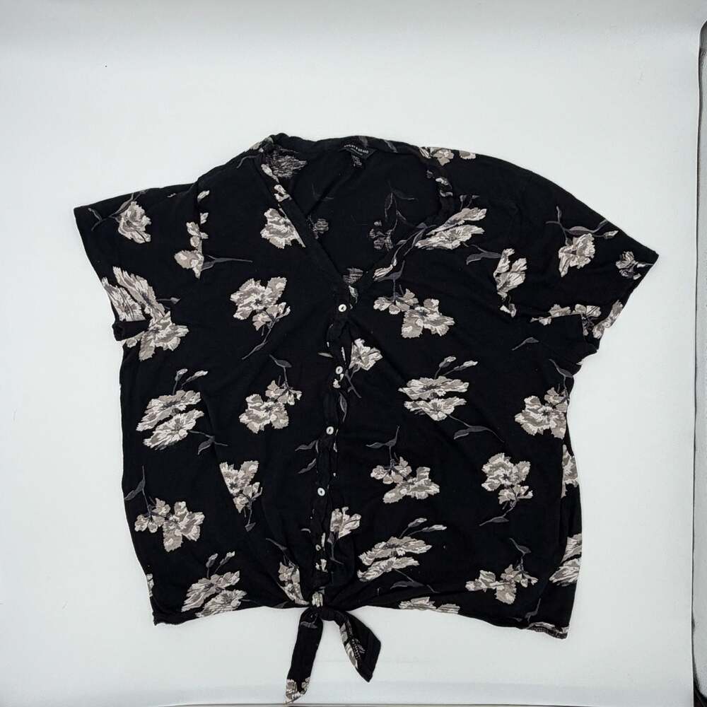 Lucky Brand Floral Boho Blouse XL Black Tie Front Lightweight Cottagecore Top
